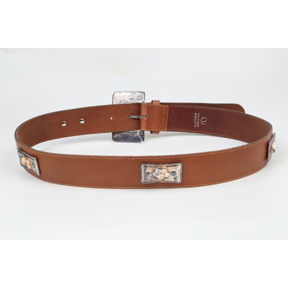 Vintage Express Brown Leather Belt Rock Studded Stone Embellished Buckle Size S main image 13